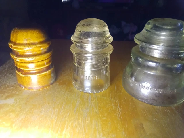 Lot of 3 Ceramic & Glass Insulators, Brown Glazed and two Clear Glass.