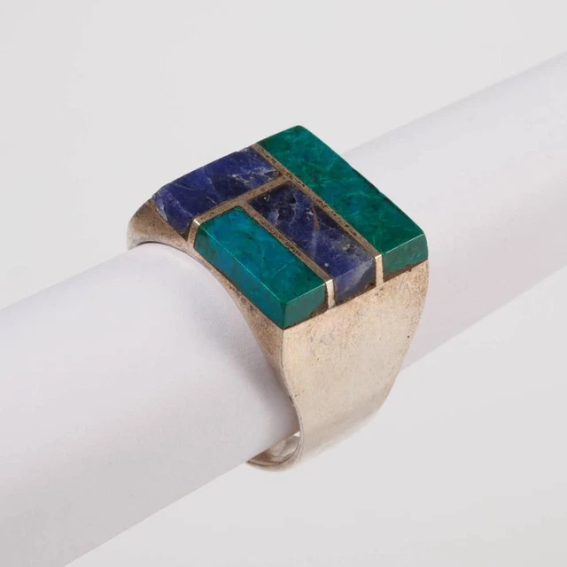 Taxco Mexico Mens Sterling Silver Turquoise Blue Gemstone Square Ring Size 10.5