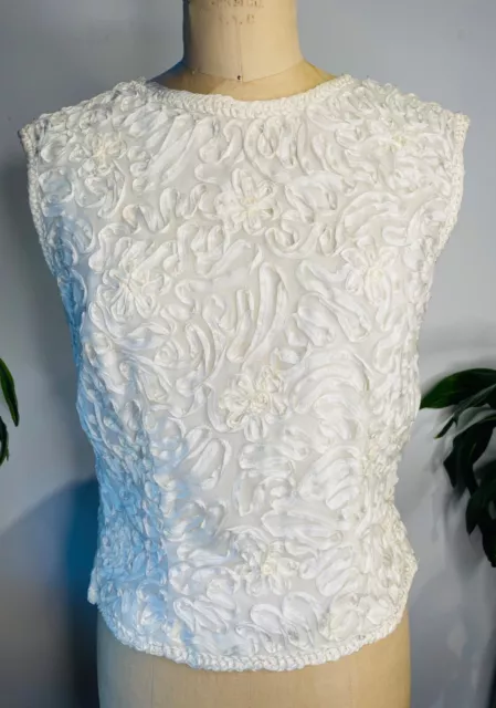 Vtg Nathalie 50'S-60'S Lovely!!White Soutache Crop Blouse Sleeveless Top Shirt*S