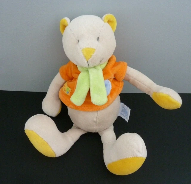90. DOUDOU PELUCHE MOULIN ROTY NESTOR ET CAPUCINE OURS ORANGE VERT 25c EXC.ETAT