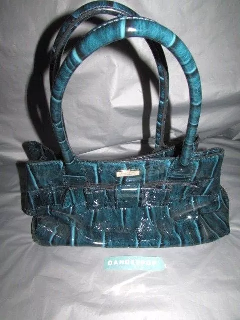 Kate Spade Blue Patent Leather Elena Knightsbridge Handbag Croc Finish W/ Bow
