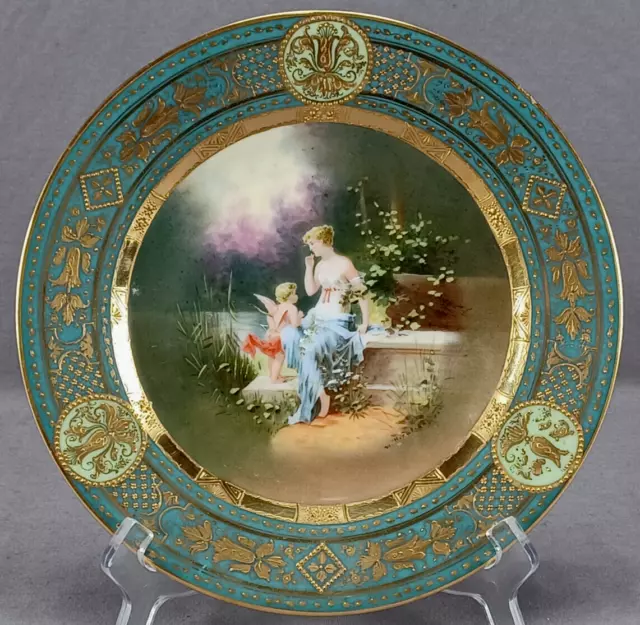 Royal Vienna Style Hand Painted Lady & Cherub / Cupid Teal & Raised Gold Plate