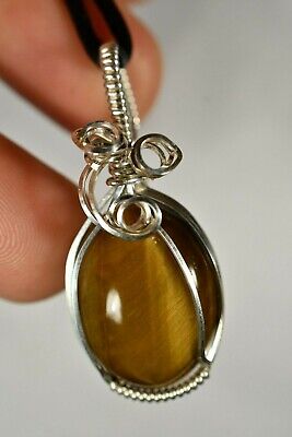 TIGER EYE PENDANT + Cord 4.5cm *SILVER* Wire Wrapped Tigers Healing Crystal