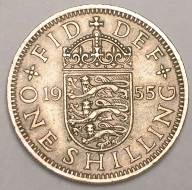 1955 UK Britain British One 1 Shilling Lions Shield Coin VF+