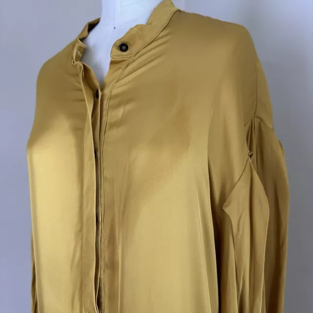 Heidi Merrick Dress Womens 8 Mustard Yellow Tiered Maxi Silky Shirt Long Sleeve 3