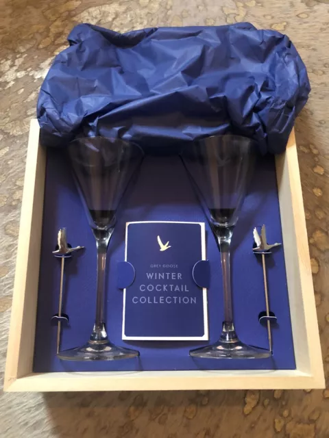 GREY GOOSE Vodka Cocktail Collectors Wooden Box-Martini glasses&Cocktail Sticks