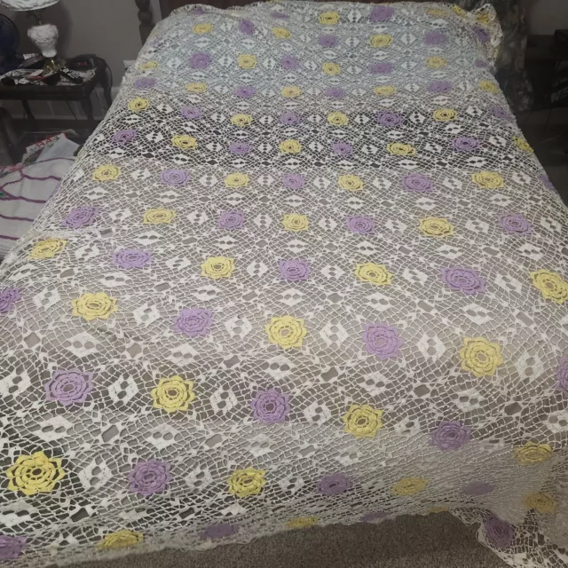 VTG Crocheted Doily Afghan Style Bed Spread Cover Purple Yellow White Roses