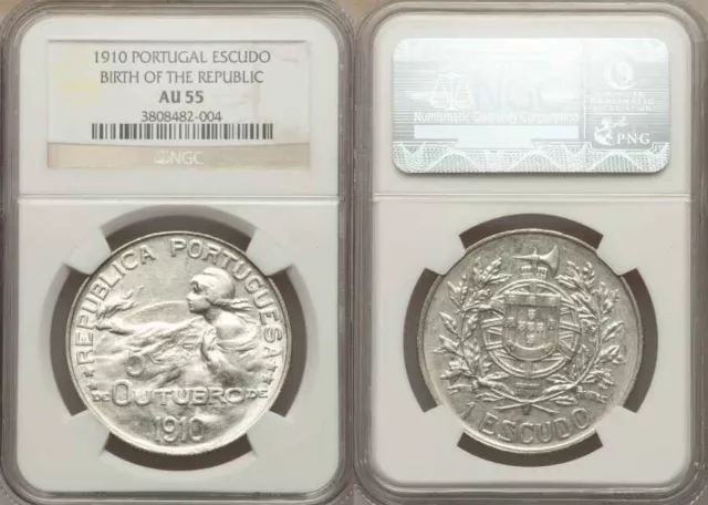 Portugal Crown Size Silver Coin 1910 Birth Of The Republic One Escudo NGC AU55