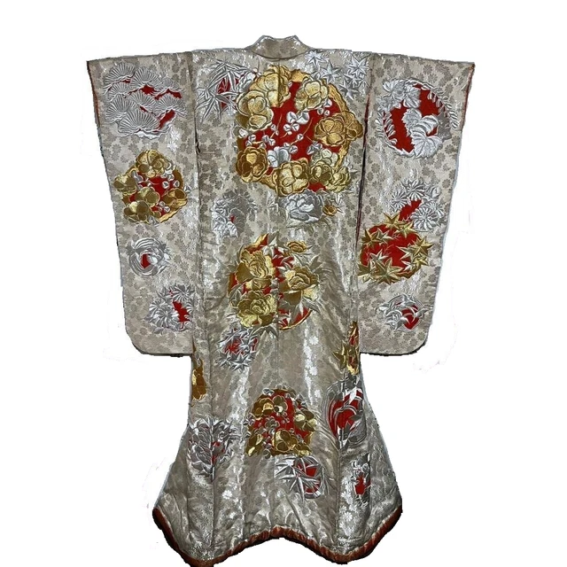 Giapponese Kimono Seta Uchikake Vintage Splendido Matrimonio Color Oro Ricamo
