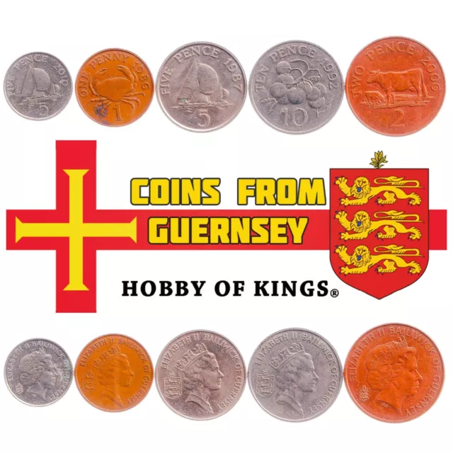 5 Different Coins From Guernsey. Mixed Currency: 1 Penny - 10 Pence 1968-2021