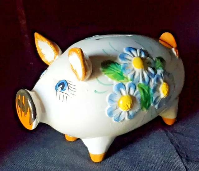 Vintage Hand-painted in ITALY Ceramic Pottery 5" Piggy Coin Bank floral