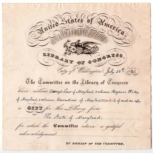 [Donation receipt and correspondence, Library of Congress and Maryland]. 1841.