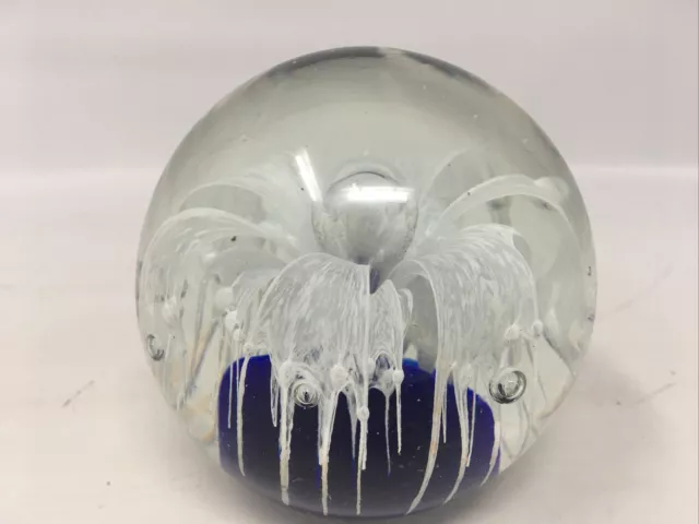 Vintage Art Glass Paperweight Cobalt Blue w/White Flower & Lg Controlled Bubble