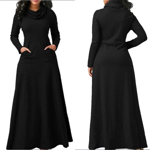 Femme Col Roulé Robe Maxi Décontracté Manches Longues Swing Grande Taille *