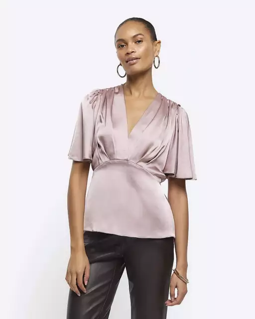 River Island Womens Pink Satin Mid sleeved Top Size 16