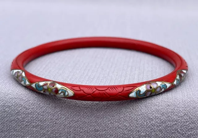 Vintage Antique Chinese Carved Cinnabar & Cloisonné Bangle Bracelet