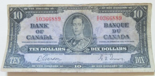 1937 Bank of Canada Ten Dollar Bill. Gordon - Towers $10 Bank Note (PS5-B)