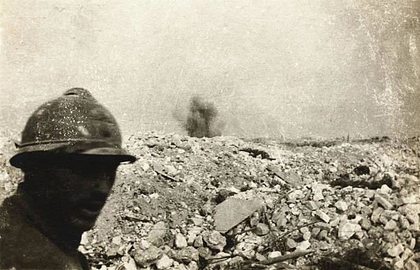 Shell Exploding Near Men FRENCH SOLDIERS STANDS In A Trench As A Shell Explodes On The Fron- Old ...