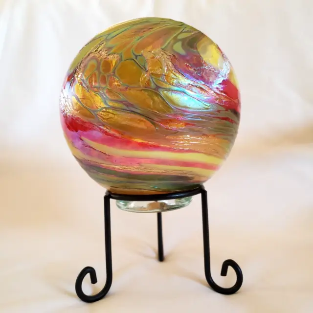 Art Glass Mark Ellinger Studio Hand Blown Iridescent Signed Orb Globe with Stand
