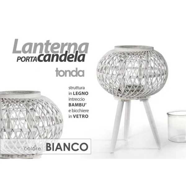 Lanterna Portacandela Con Piedi Tonda 17x46cm In Legno Bambù Vetro Bianco 777929 2