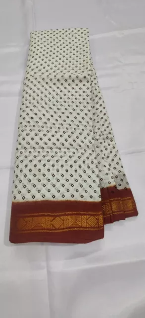 Sari tradizionale indiano Sungadi bianco marrone con camicetta