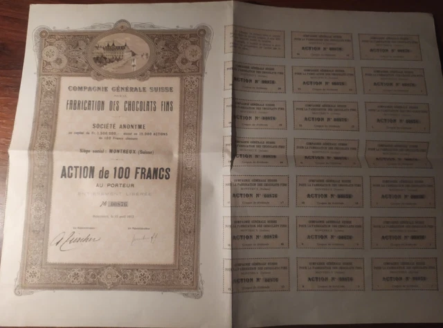 Switzerland 1913 Montreux Compagnie Fabrication Chocolats Fins 100 Francs Bond