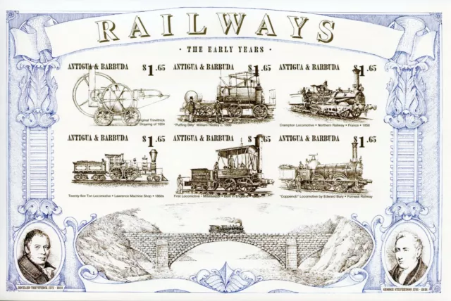 Estampillas de trenes de Antigua y Barbuda 1997 montadas sin montar o nunca montadas ferrocarril 6 V IMPF M/S I