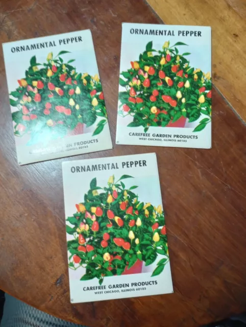 3 Vintage NOS Ornamental Pepper Unopened Seed Packets - Carefree Garden Products