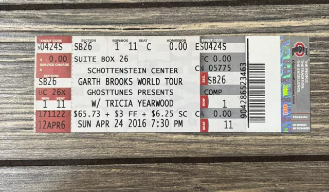 April 24 2016 Garth Brooks World Tour w Tricia Yearwood Unused Concert Ticket