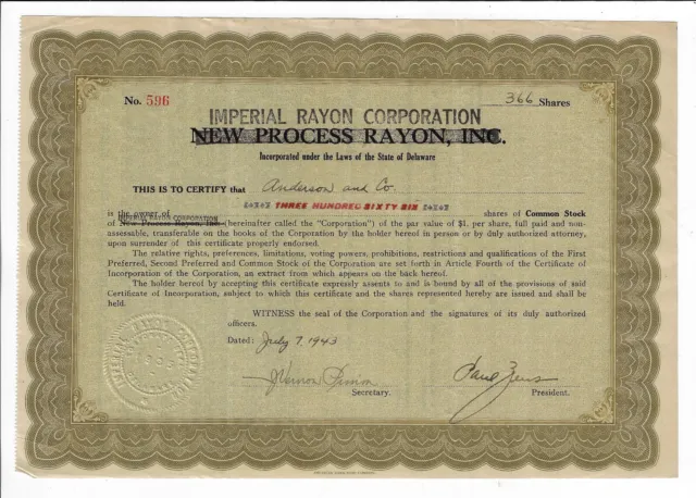NEW JERSEY 1947 Imperial Rayon Corporation Stock Certificate Gloucester