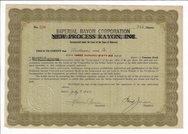 NEW JERSEY 1947 Imperial Rayon Corporation Stock Certificate Gloucester