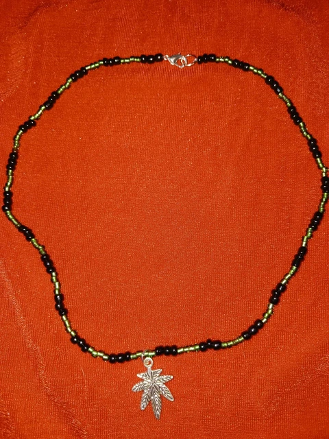 Marijuanna Leaf Green & Black Glass Bead Necklace Rasta Cannibis