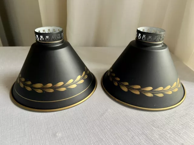 Pair of Vintage Black & Gold Tole Toleware Mini Sconce Chandelier Shades