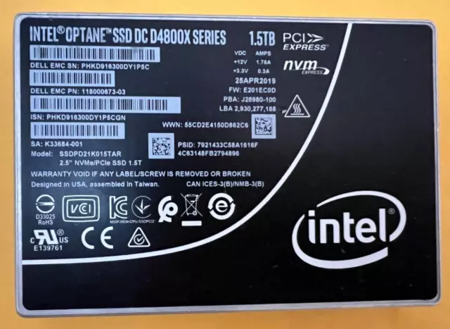 Intel 1.5TB Optane SSD DC D4800X NVMe PCIe 3.0 2x2 Model SSDPD21K015TAR