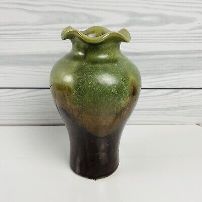 Art Pottery Drip Glaze Ceramic Vase Dark Brown Green 6 1/2"H Ruffle Spout