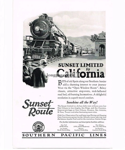 1926 Train 1926 SOUTHERN PACIFIC Sunset Limité Train de Passagers Art Vintage ...