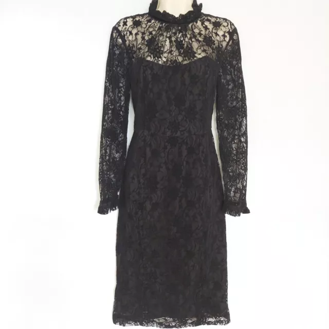 Marks & Spencer Black Lace Occasion Dress Size 12 High Neck Sheer Sleeves Party