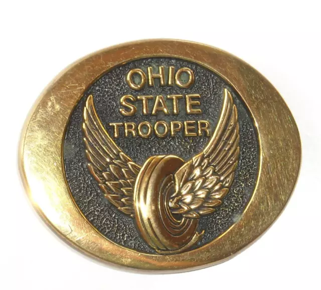 Vintage Brass Belt Buckle Ohio State Police Trooper Highway Patrol 1976 Wings