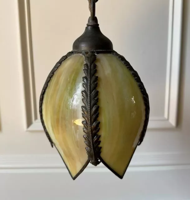 Vintage 5 Panel Slag Glass Tulip Hanging Light Lamp Fixture & Mounting Bracket