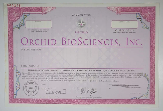 Orchid BioSciences, Inc., 2000. Specimen Stock Cert., XF-AU condition, SCBN