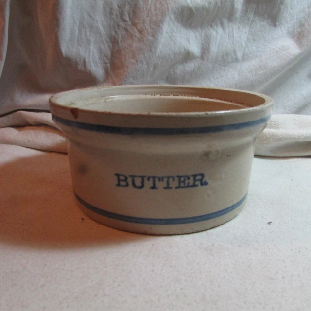 Vintage Antique Primitive Blue Salt Stripe Glaze Round Stoneware Crock, Unsigned