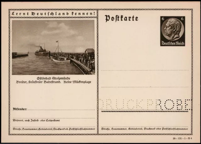 DR; 6 Pf. Hindenburg Auflage 1939,  * Druckproben-Bild-Ganzsache  "STOLPMÜNDE"