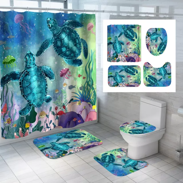 Colorful Sea Turtle Shower Curtain Floor Mat Toilet Lid Cover Bathroom Rugs 2#