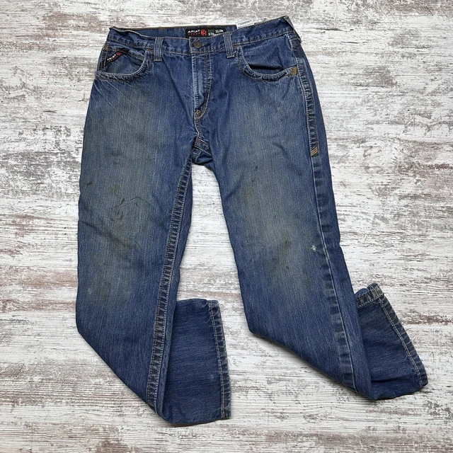 ARIAT FR Jeans Mens 33x30 Blue Denim Slim Straight M5 Flame Resistant Distressed