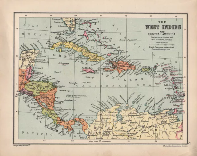 1934 Map ~ West Indies & Central America ~ Cuba Jamaica Haiti Panama Costa Rica