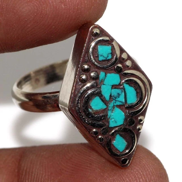 10gms Tibetan Turquoise Nepali Tribal Gemstone Handmade Ring US 8 GW