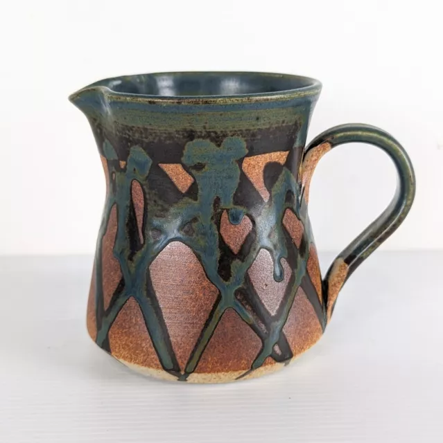 Handmade Pottery Milk Jug Creamer Signed Drip Glaze Earthy Blue Green Brown '03