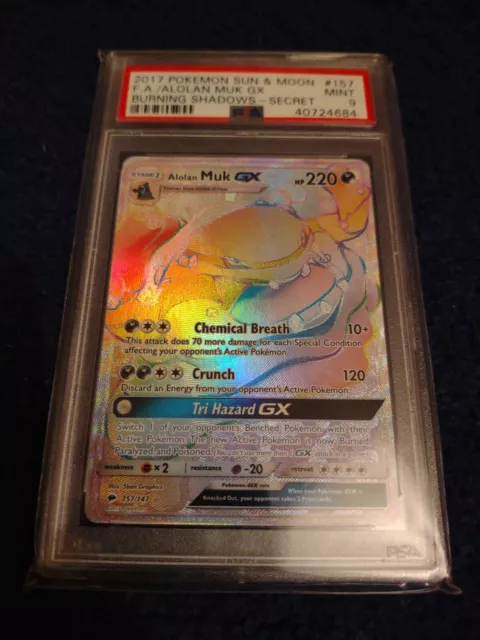 Pokémonkarte Alolan Muk GX 157/147 Regenbogengeheimnis seltene brennende Schatten PSA 9