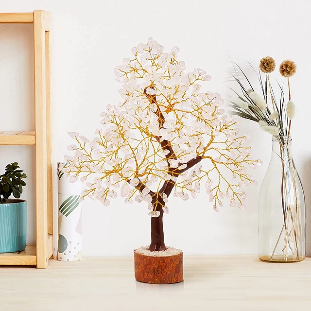 Crystal Gemstone Bonsai Money Tree with Golden Wire and 300 Beads Figurine Stand