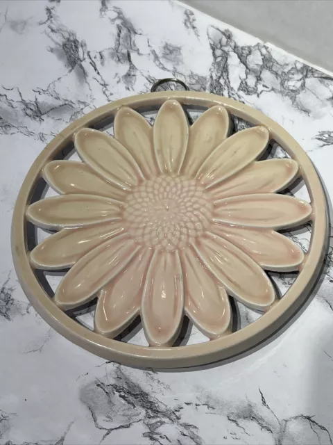 Vtg Pink Enamel Coated Cast Iron Sunflower or Daisy Trivet 2008 Wall Hanging